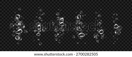 Realistic oxygen bubbles in water on a white background with fizzy sparkles and effervescent style. Transparent drops and soap bubbles create a vector texture for sea.