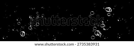 Realistic oxygen bubbles in water on a black background with fizzy sparkles and effervescent style. Transparent drops and soap bubbles create a vector texture for sea, aquarium, or fresh design concepts.