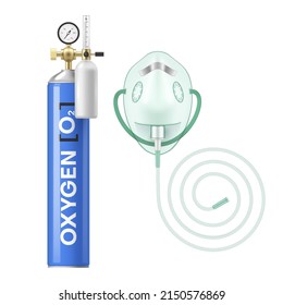 Realistic oxygen cylinder tank with mask vector illustration. Compressed liquid pure gas tube for comfortable healthcare breathing isolated. Medical help treatment for lung inhalation