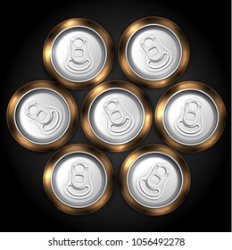 Realistic pack of 7 beer or soda can from the top, vector illustration