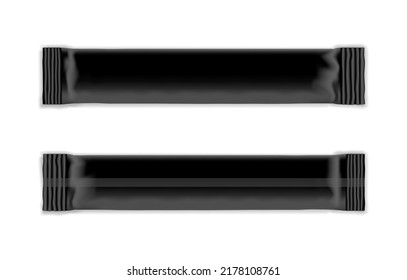 Realistic pack of black sugar stick isolated on white background. Front and back view. Vector illustration.