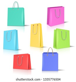 Realistic pack for shop. Empty paper reusable color bag for carrying and shopping isolated vector set