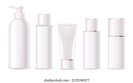 Realistic package for body cosmetics set. Container lotion, tonic, serum, cream, bottle mockup isolated vector, package bottle cosmetics set, white plastic bottle collection