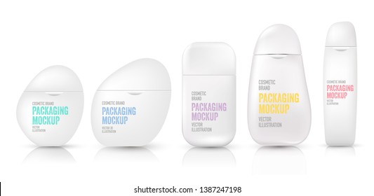 Realistic package, bottle, tube for cosmetic branding and product with unique design. Vector 3D template of plastic container for liquid, skin care cream, foams, shampoo, shower, conditioner, lotion.