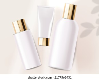 Paquete cosmético realista. Loción de recipientes, tónico, suero, crema, botella de maquillaje vector aislado, envase cosmético de botella, plástico cosmético de botella blanca