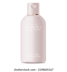 Paquete cosmético realista. Loción de recipientes, tónico, suero, crema, botella de maquillaje vector aislado, envase cosmético de botella, plástico cosmético de botella rosa