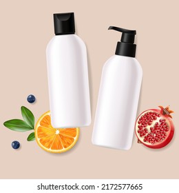 Realistic Package Cosmetic. Container Shampoo, Conditioner, Bottle Mockup Isolated Vector, Package Bottle Cosmetic, Plastic White Bottle Cosmetic, Cosmetics With Fruits 