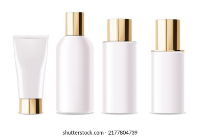 Paquete de cosméticos realistas, Loción de botellas, tónico, suero, crema, maqueta cosmética vectorial aislado, cosméticos de botellas empaquetadas, botellas blancas de plástico y diseño de oro, colección de cosméticos de oro