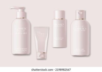 Realistic package cosmetics set. Container lotion, tonic, serum, cream, bottle mockup isolated vector, packaging bottle cosmetics collection, plastic pink bottles cosmetics