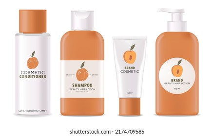 Realistic Package For Hair Cosmetics Set. Container Lotion, Shampoo, Conditioner, Cream, Mask Bottle Mockup Isolated Vector, Package Bottle Cosmetics Set, Peach Plastic Bottle Collection