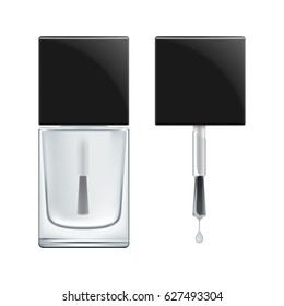 Realistic package for nail polish bases coat. Brush with black cap and transperent glass bottle with colorless varnish for manicure. Vector illustration isolated on white.