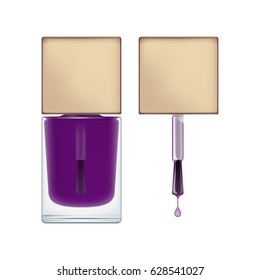 Realistic package for nail polish. Brush with cap and transperent glass bottle. Blank template of container with purple varnish for manicure. Vector illustration isolated on white.