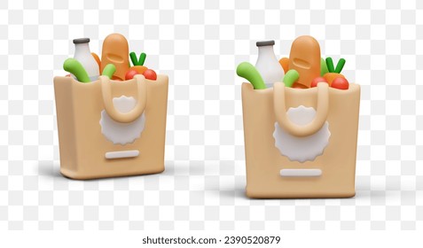 Realistic package with tasty bread, milk, and green vegetables inside in different positions. Product purchase and delivery. Vector illustration in 3D style