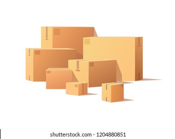 Realistic packages with adhesive tape isolated on white. Carton packs vector delivery icons. Pile of parcel boxes, stacked sealed goods in cardboard.