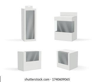 Realistic packages. Gift box mockup with transparent plastic frames white products vector pictures