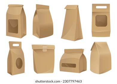 Paquetes realistas mega juego de elementos gráficos en diseño plano. Conjunto de maquillajes de bolsos de papel cerrados en diferentes vistas para envasar café, té y comida para llevar. Ilustración vectorial de objetos aislados