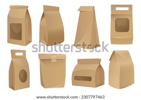 Realistic packages mega set graphic elements in flat design. Bundle of closed paper bag mockups in different view for packaging coffee, tea and takeaway food. Vector illustration isolated objects