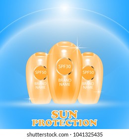 Realistic packages of Sun Protection Cream tubes. Vector illustration