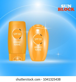 Realistic packages of Sun Protection Cream tubes. Vector illustration