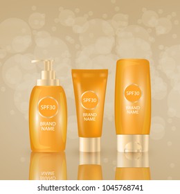 Realistic packages of Sun Protection Cream tubes. Vector illustration