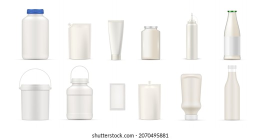 Realistic packaging blank for mayonnaise set vector illustration. Collection doypack, glass bottle, plastic basket, disposable pack for storage, carrying and selling retail of foodstuff eating sauce