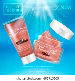 Realistic packaging body scrub bottles cosmetics water background.Organic scrub coffee cosmetics tube.Skin scrub organic cosmetics jar and cap.Fashion magazine water background cosmetics advertising