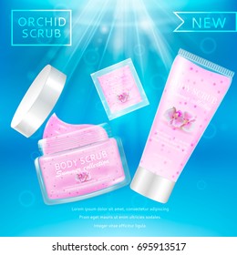 Realistic packaging body scrub bottles cosmetics water underground.Natural scrub orchid cosmetics tube,Skin scrub organic cosmetics jar and cap.Fashion magazine water underground cosmetics advertising