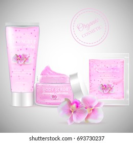 Realistic packaging body scrub bottles.Organic scrub orchid cosmetics tube,Skin scrub organic cosmetics jar,cosmetic package.Fashion magazine cosmetic advertising,luxury cosmetic collection scrub gel