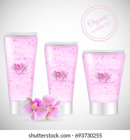 Realistic packaging body scrub bottles,organic scrub orchid cosmetics tubes.Natural scrub cosmetic,3d orchid flower.Organic cosmetics skin scrub.Fashion magazine cosmetic advertising,luxury collection