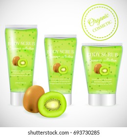 Realistic packaging body scrub bottles,organic scrub kiwi cosmetics tubes.Natural scrub cosmetic and 3d kiwi fruit.Organic cosmetics skin scrub.Fashion magazine advertising,luxury cosmetic collection