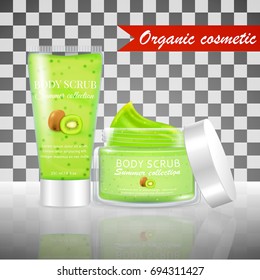 Realistic packaging body scrub bottles,organic scrub kiwi cosmetics tube.Skin scrub organic cosmetics jar and cap.Fashion magazine cosmetics advertising,luxury cosmetic collection scrub gel