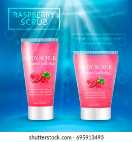 Realistic packaging body scrub cosmetics water background.Realistic tubes with organic skin scrub gel.Fashion magazine water background cosmetics advertising,luxury cosmetic collection scrub gel