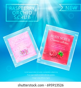 Realistic packaging body scrub cosmetics water background,realistic packages with skin scrub gel.Organic cosmetics body scrub summer collection.Fashion magazine water background cosmetics advertising