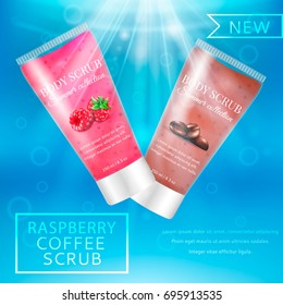 Realistic packaging body scrub cosmetics water background, realistic tubes with skin scrub gel.Organic cosmetics body scrub summer collection.Fashion magazine water background cosmetics advertising