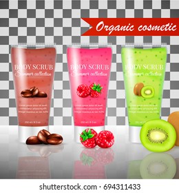 Realistic packaging body scrub.3 fruit cosmetics realistic tubes with skin scrub gel.Organic cosmetics body scrub summer collection.Fashion magazine cosmetics advertising,luxury cosmetic body scrub