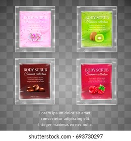 Realistic packaging body scrub.4 fruit cosmetics realistic packages with skin scrub gel.Organic cosmetics body scrub summer collection.Fashion magazine cosmetics advertising,luxury cosmetic