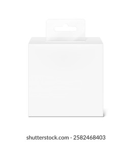 Realistic packaging box mockup with clear plastic hang slot tab for electronic and mobile accessories. Vector illustration isolated on white background. Ready to use for your design. EPS10.