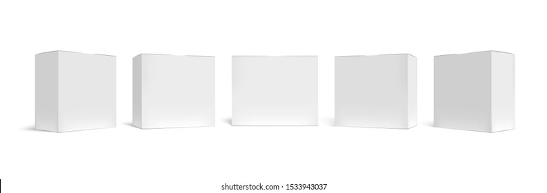 Realistic Packaging Box. White Cardboard Boxes Mockup, Medical Case And Horizontal Rectangular Pack 3D Vector Template Set. Closed Square Packing. Blank Paper Containers Isolated On White Backdrop