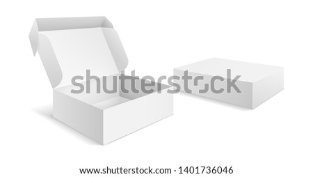 Realistic packaging boxes. Paper blank white box, carton empty mockup open closed rectangle package template vector isolated
