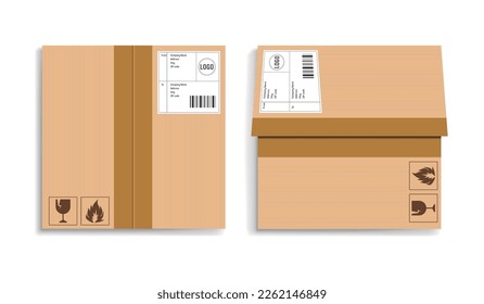 Realistic packaging cardboard box - Top view box with brown adhesive tape. Parcel packaging template mockup