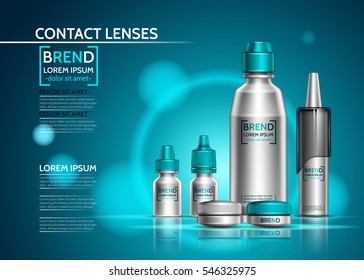 Realistic packaging for contact lenses. Design a set of bottles for cosmetics. Vector illustration on shining turquoise background