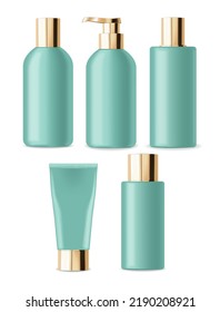 Realistic packaging cosmetics. Container lotion, tonic, serum, cream, bottle mockup isolated vector, package bottle cosmetics set, plastic green bottle cosmetics collection