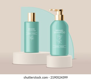 Realistic packaging cosmetics. Container lotion, tonic, serum, cream, bottle mockup isolated vector, package bottle cosmetics set, plastic green bottle cosmetics collection