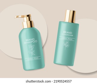 Realistic packaging cosmetics. Container lotion, tonic, serum, cream, bottle mockup isolated vector, package bottle cosmetics set, plastic green bottle cosmetics collection