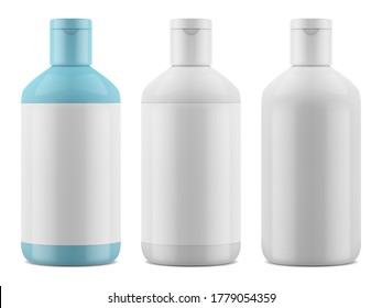 Realistic packaging for cosmetics. Shampoo, shower gel glossy bottle mockup. Vector EPS 10