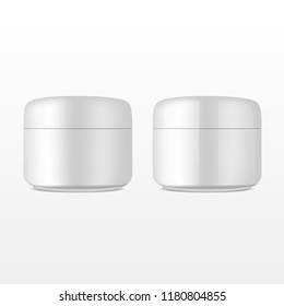 Realistic packaging mockup template with white glossy and matte plastic jars. Vector 3d illustration for design  placard, presentation, banners and cover.