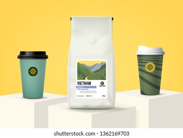 Realistic packaging and paper coffee cups isolated for branding or advertising. Vector 3d illustration.