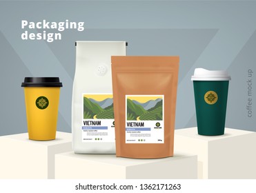 Realistic packaging and paper coffee cups isolated for branding or advertising. Vector 3d illustration.
