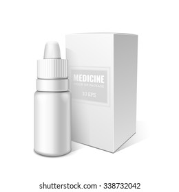 Realistic packing vector template. Paper box and plastic bottle on white background. It can be use for pharmaceutical,  medicine or essential Oil