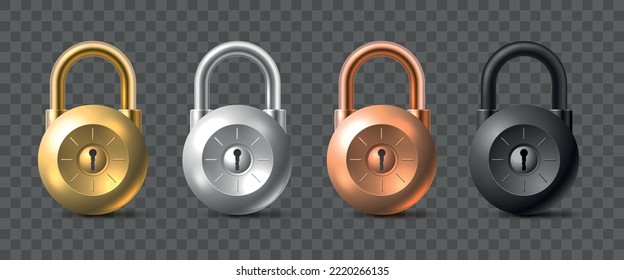 Realistic padlock. Different metal colors door locks, golden steel, bronze and black, 3d isolated elements, open and close. Confidentiality and security concept, utter vector keyholes set